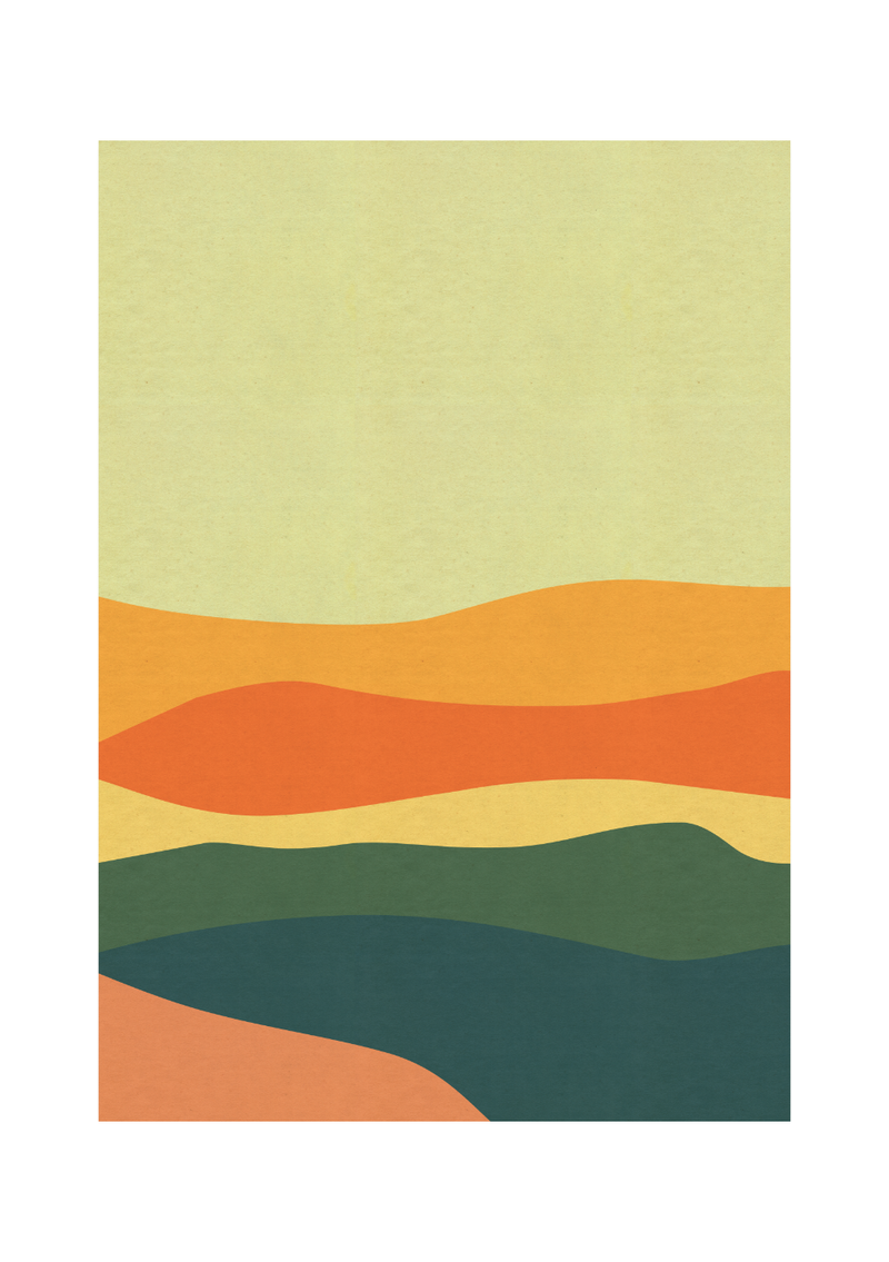 Dieses Poster zeigt in verschiedenen Farben eine Wüste im Mid-Century Stil. Diese abstrakte Darstellung ist für jeden Naturliebhaber der Vintage Boho Bilder liebt. 
