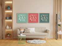 Das Poster zeigt in quadratischen Format und in verschiedenen vintage Farben den französichen Spruch "c'est la vie", was soviel bedeutet wie "so ist das Leben nun einmal". 