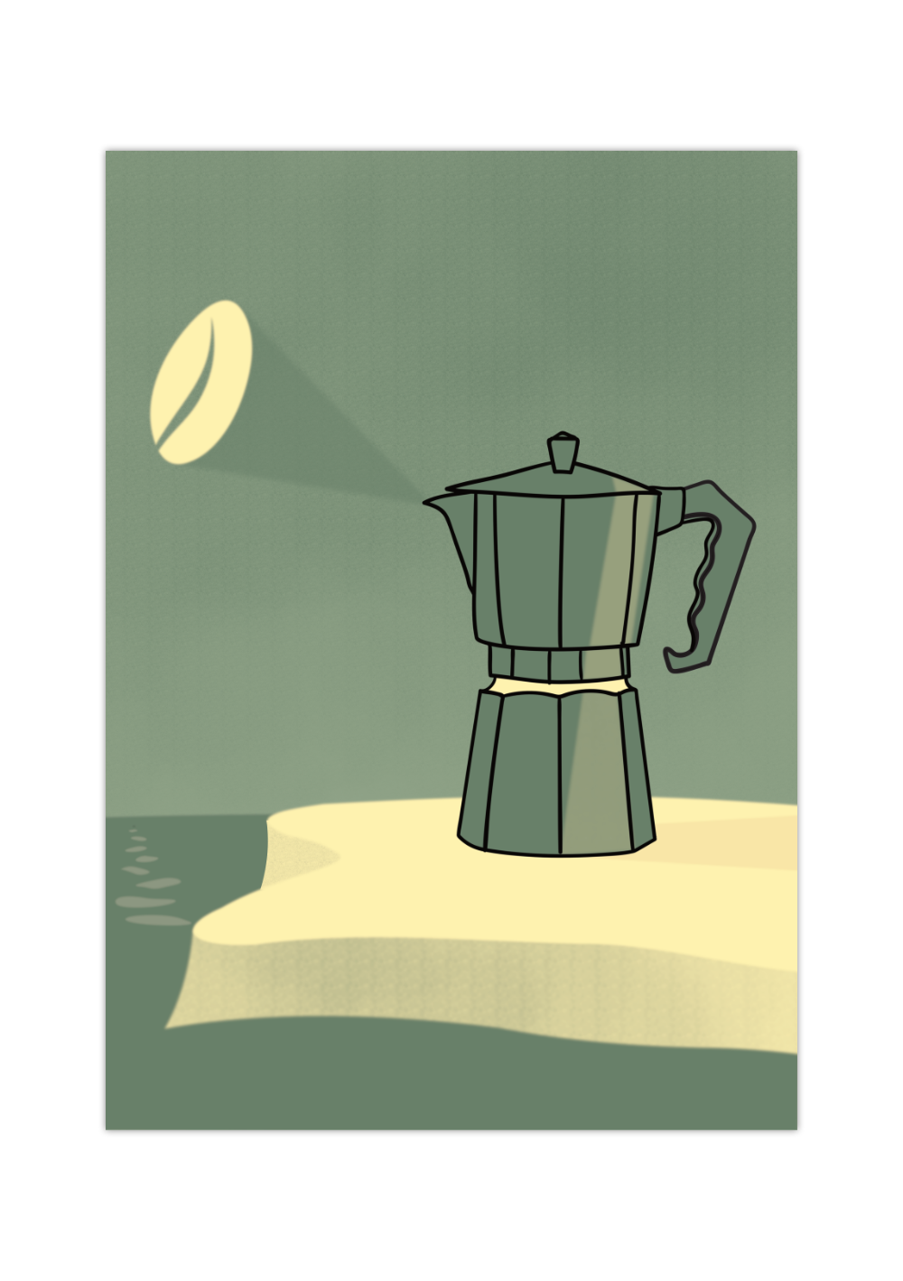 Dieses schöne Poster zeigt eine Espressokocher dargestellt als Leuchtturm auf einer Küste, inklusive Kaffeebohne als Licht am Himmel. 