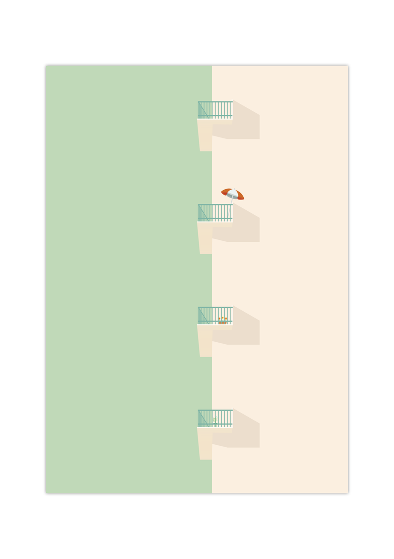 Das Poster zeigt dir ein minimalistisch dargestelltes Haus mit Balkonen.