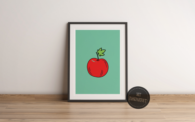 Dieses schöne Poster zeigt einen Apfel auf grünem Hintergrund im minimalistischen Stil. 