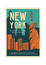 Das Vintage Poster zeigt dir eine retro Ansicht von der Skyline in New York, USA. Im Vordergrund ist die Freiheitsstatue zu sehen.