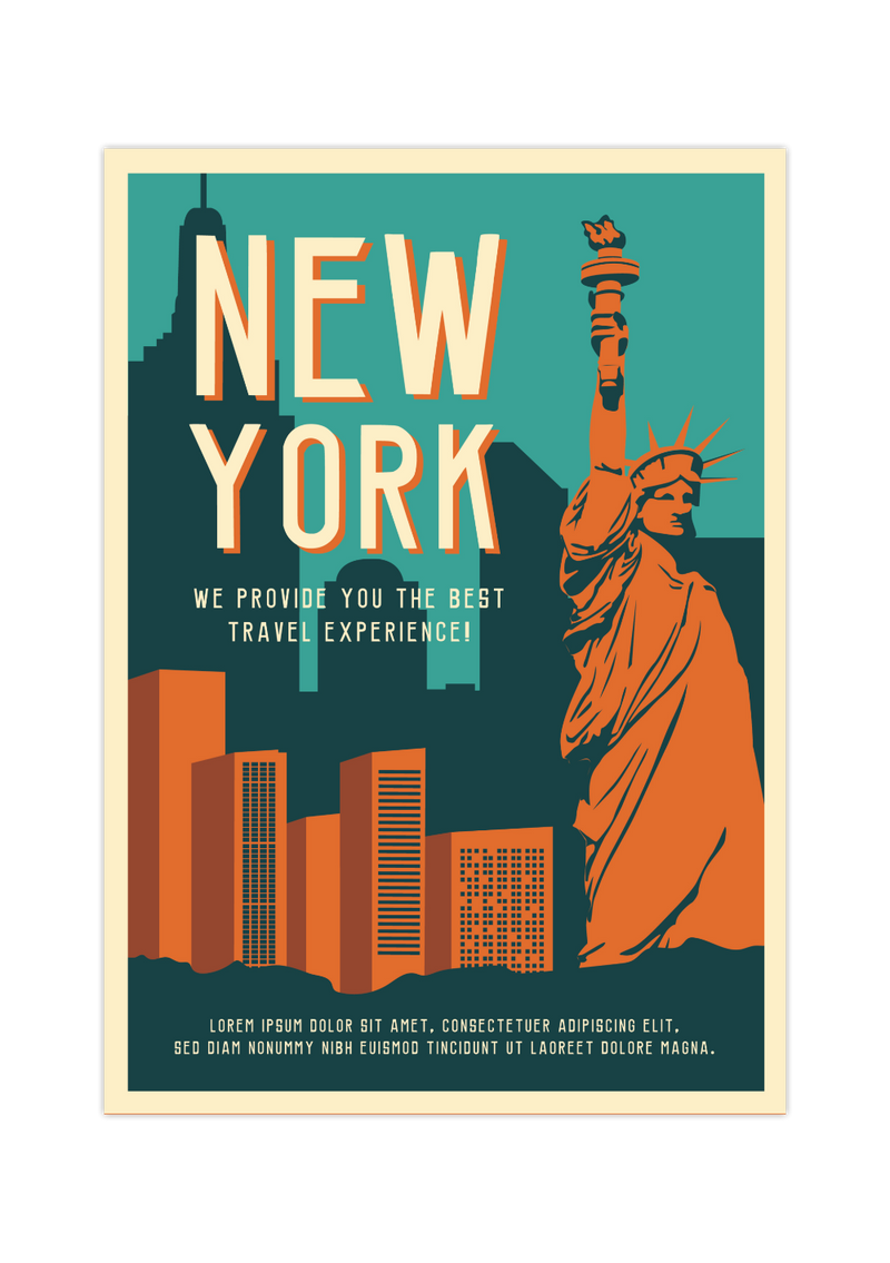 Das Vintage Poster zeigt dir eine retro Ansicht von der Skyline in New York, USA. Im Vordergrund ist die Freiheitsstatue zu sehen.