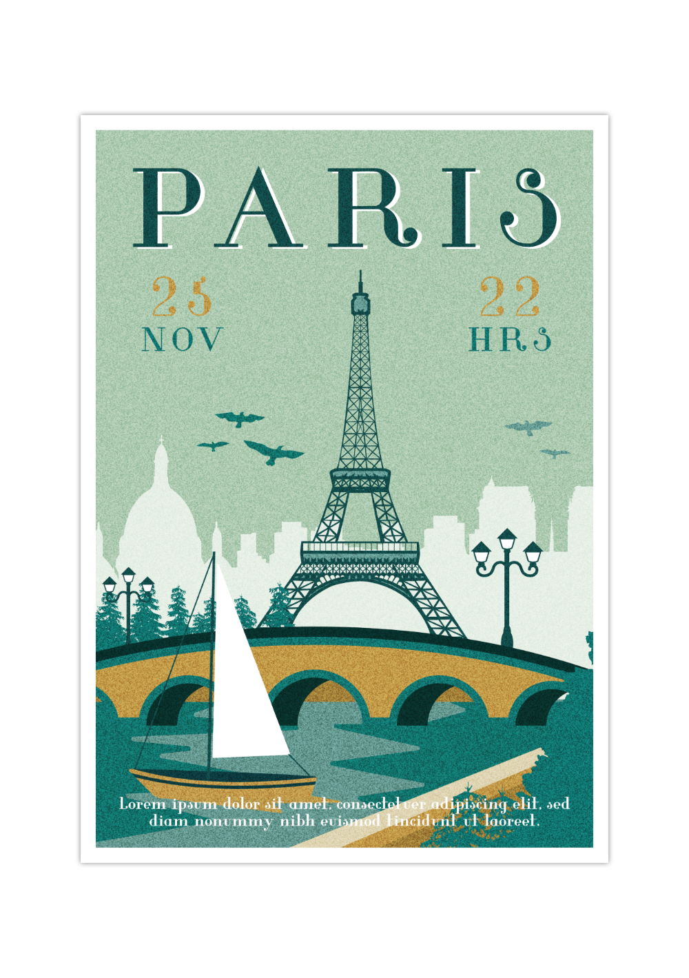 Das Vintage Poster zeigt dir eine retro Ansicht von Paris, mit Eiffelturm, Saine und einem Boot.