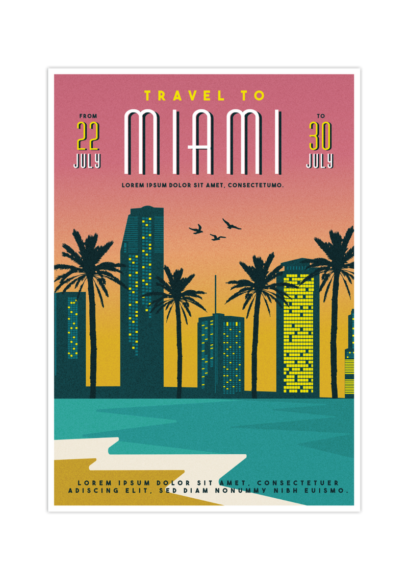 Das Vintage Poster der Stadt Miami in Florida, USA zeigt dir die Skyline von Miami und den Miami Beach. 