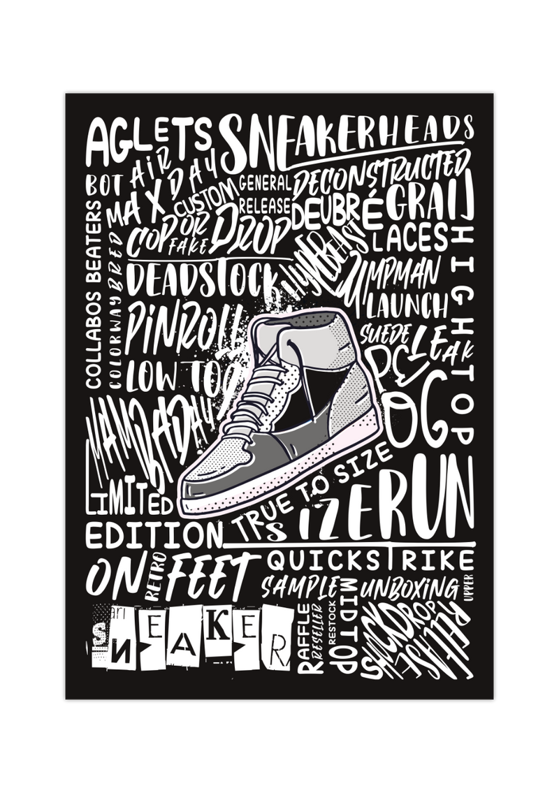 Das Poster zeigt dir in schwarz einen Sneaker und um diesen ein Lexikon von Wörter, die in Verbindung mit Sneakern stehen.