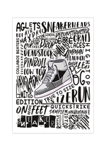 Das Poster zeigt dir in weiß einen Sneaker und um diesen ein Lexikon von Wörter, die in Verbindung mit Sneakern stehen.