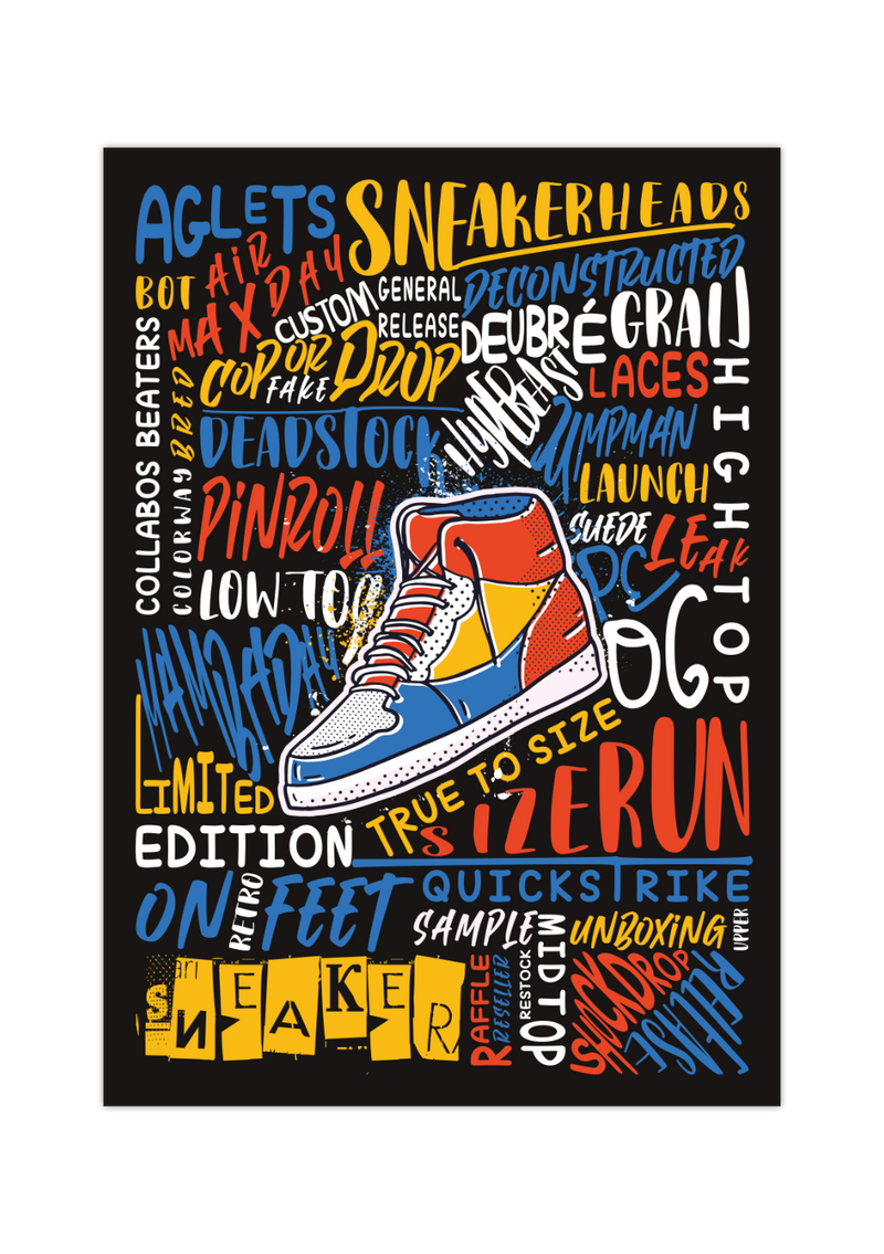 Das Poster zeigt dir in verschiedenen Farben einen Sneaker und um diesen ein Lexikon von Wörter, die in Verbindung mit Sneakern stehen.