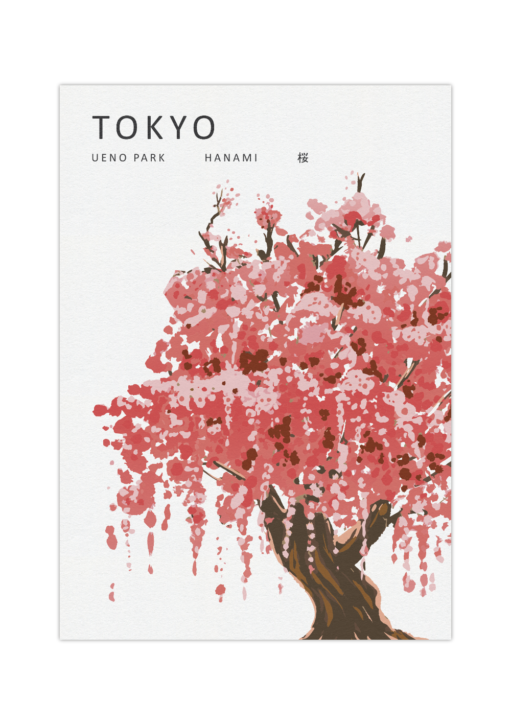 Das Poster zeigt einen japanischen Kirschbaum mit rosa Kirchblüten in Tokio. 