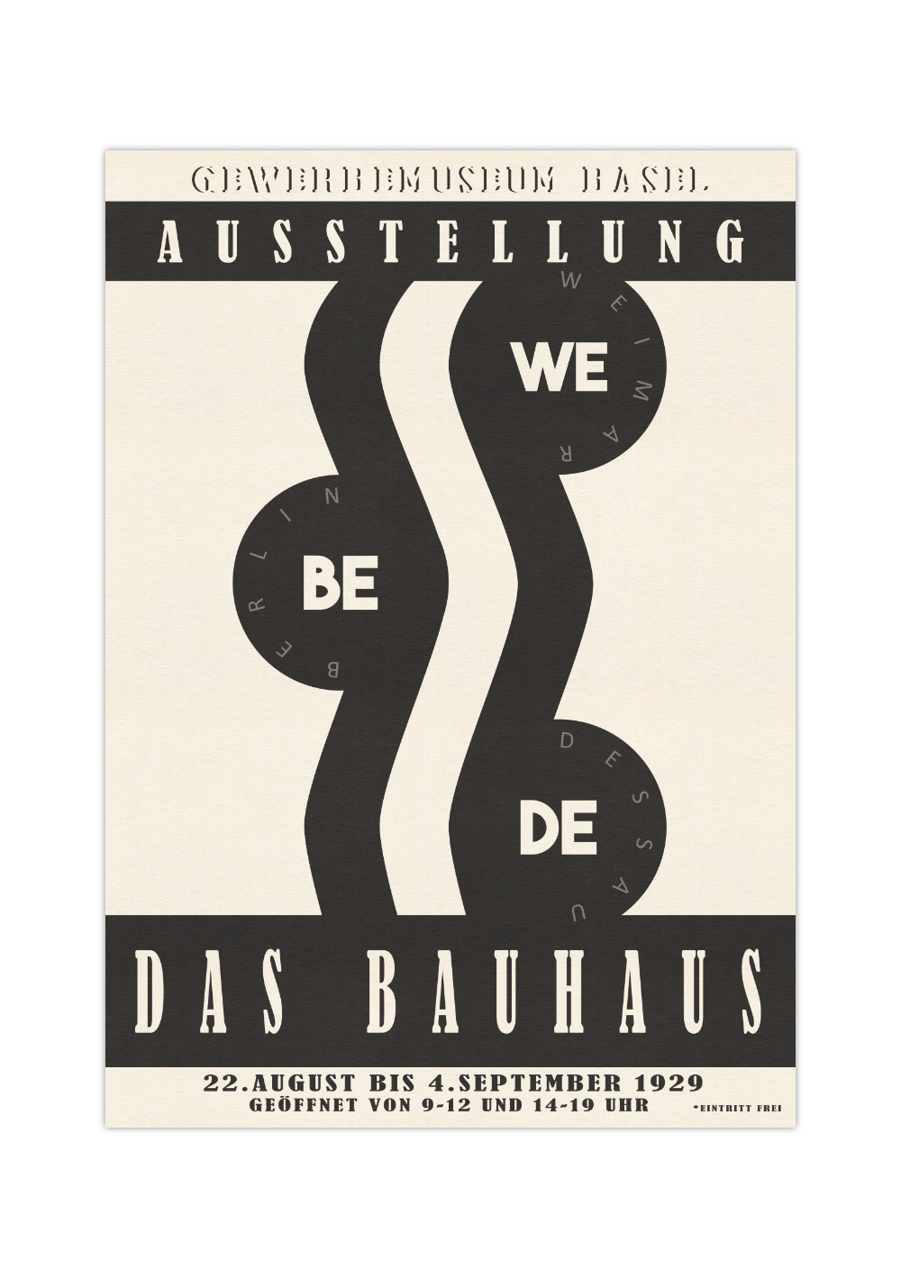 Das Bauhaus Poster zeigt dir minimalistisch dargestelltes grafisches Plakat einer fiktionalen Ausstellung in Basel. 